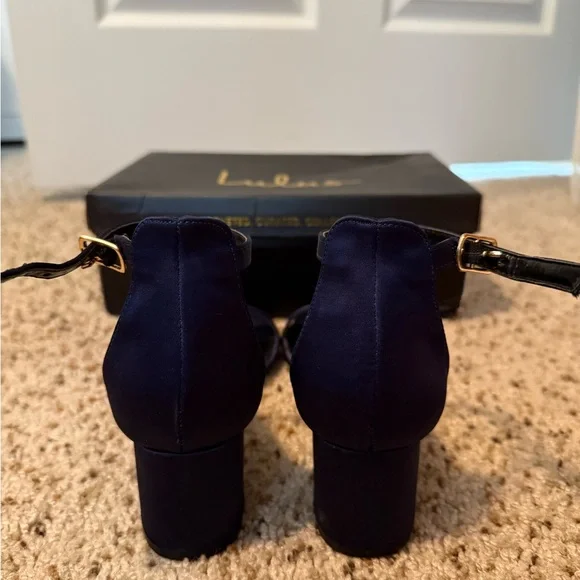 Lulu's Navy Blue Satin Heels with Ankle Strap - Picture 3 of 4